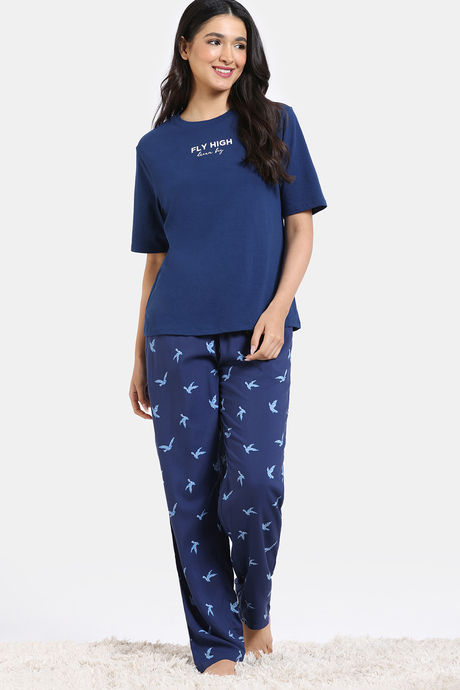 Zivame Avian Florals Woven Pyjama Set - Bellwether Blue — image 2